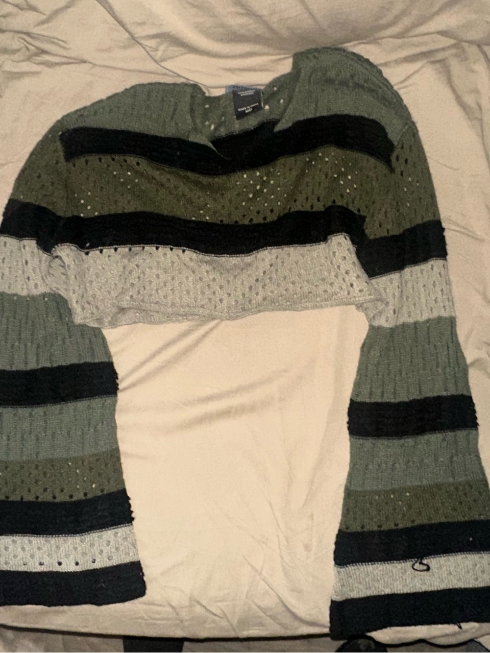 Striped Open-Knit Crewneck Sweater in Olive & Gray